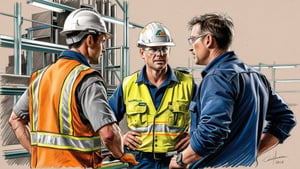 an modern factory worker, wearing australian-style high-vis workwear. He is talking to a manager.